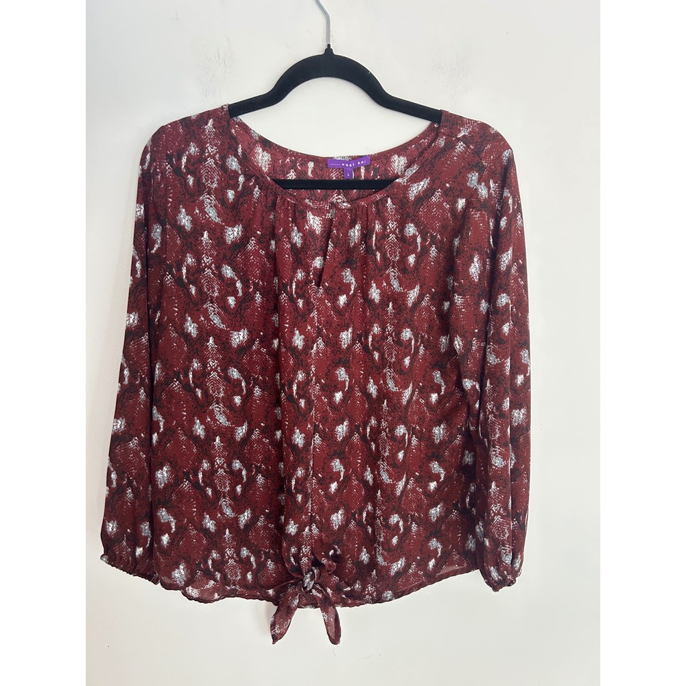 West Kei Womens Red Snakeskin Tie Front Blouse Long Sleeve TU39467-A4 Burgundy L